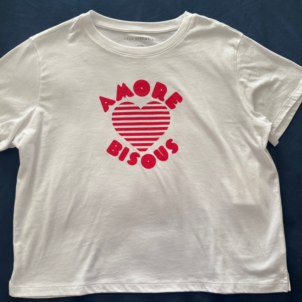 White Tee with French Red Heart Design